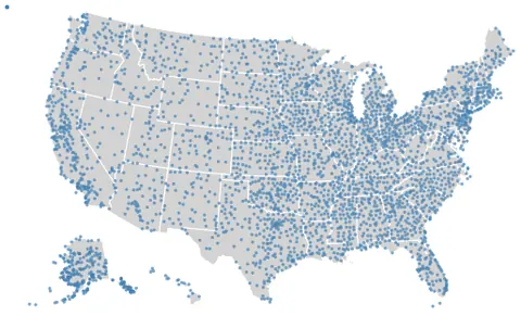 Thumbnail of the Vega-Lite example “One Dot per Airport in the U.S. Overlayed on Geoshape”