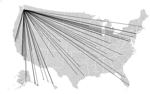 Thumbnail of the Vega-Lite example “Rules (line segments) Connecting SEA to every Airport Reachable via Direct Flights”