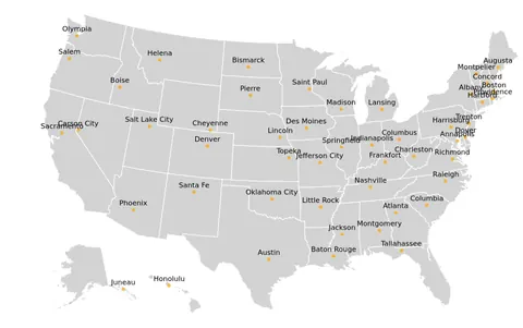 Thumbnail of the Vega-Lite example “U.S. State Capitals Overlayed on a Map of U.S.”